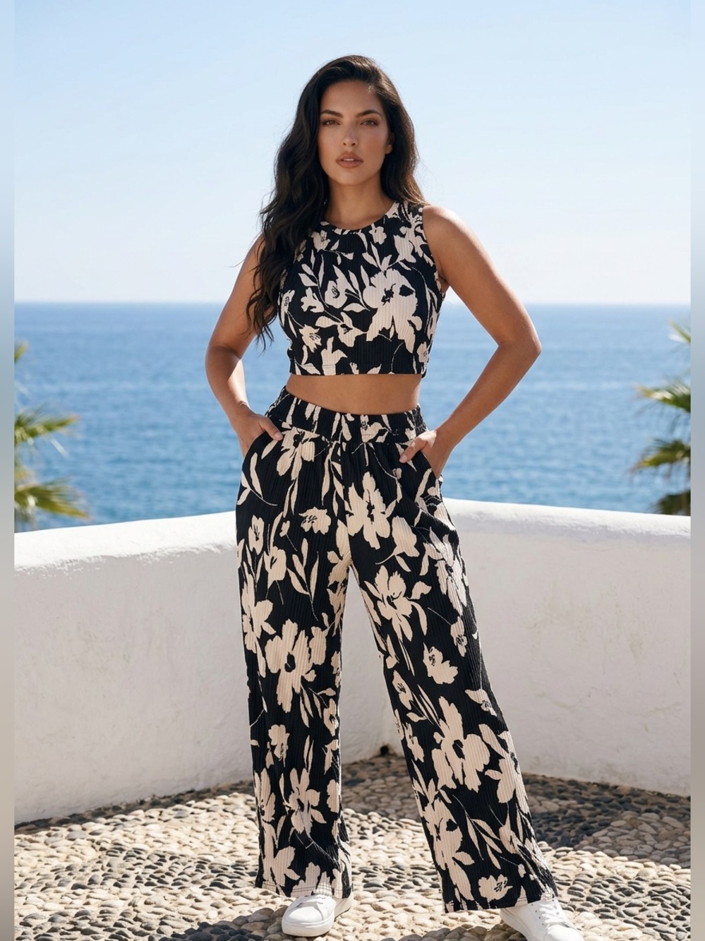 Floral Wide-Leg Crop Tank Jumpsuit two piece - Black & CreamSet